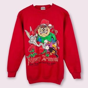 Vintage 1995 Looney Tunes Christmas Sweatshirt Sz L Tultex USA 90s Warner Bros.